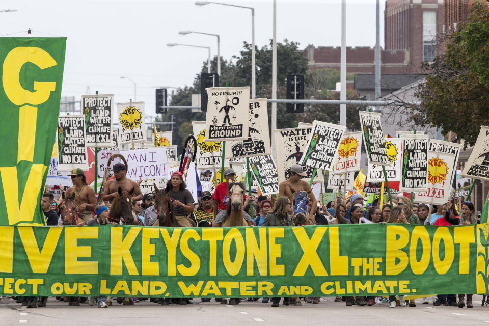 In this Aug. 6, 2017, file photo, demonstrators against the Keystone XL pipeline march in Lincoln, Neb.  (Photo: AP Photo/Nati Harnik, file)