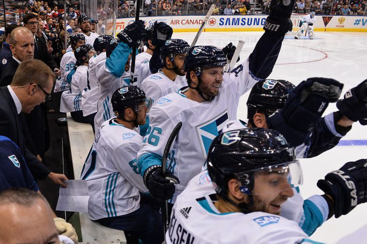 TORONTO, ON - SEPTEMBER 19: Team Europe celebrates a goal during the World Cup of Hockey 2016 against Team Czech Republic at Air Canada Centre on September 19, 2016 in Toronto, Ontario, Canada. Team Europe defeated Team Czech Republic 3-2 in overtime. (Photo by Minas Panagiotakis/World Cup of Hockey via Getty Images)