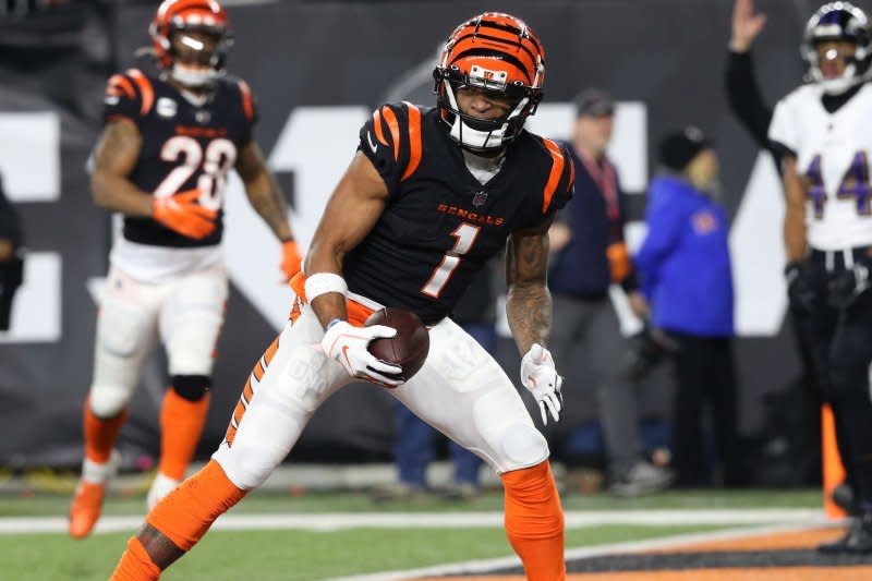 Cincinnati Bengals wide receiver Ja'Marr Chase is my No. 2 fantasy football play for Week 1. File Photo by John Sommers II/UPI