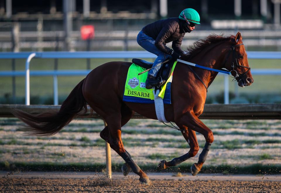 Kentucky Derby contender Disarm works out  at Churchill Downs on Monday morning, April 24, 2023 in Louisville, Ky. The chestnut colt is trained by Steve Asmussen.