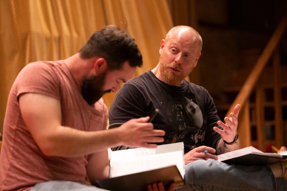 John Arnold, left, and Sean Spencer rehearse for Jewish Theatre of Oklahoma's production of "Oklahoma Samovar" by Alice Eve Cohen at Emanuel Synagogue, Monday, Nov. 7, 2022, in Oklahoma City.
