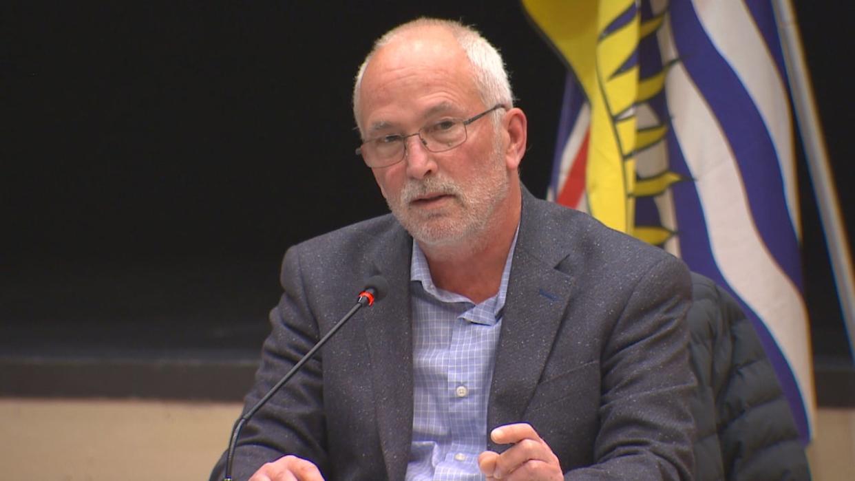 Harrison Hot Springs Mayor Ed Wood speaks at a council meeting on May 6. Wood announced he had resigned effective immediately on Monday. (Jim Mulleder/CBC News - image credit)