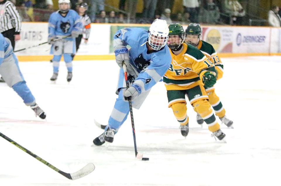 South Burlington captain Sabrina Brunet skates up the ice during the Wolves 5-1 loss to BFA in the 2024 D1 semifinals at Collins Perley in St Albans.