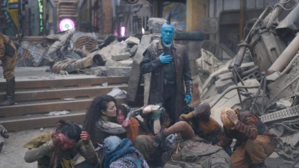 Michael Rooker's Yondu puts his hand over his heart in the middle of a battle in Guardians of the Galaxy Vol. 3
