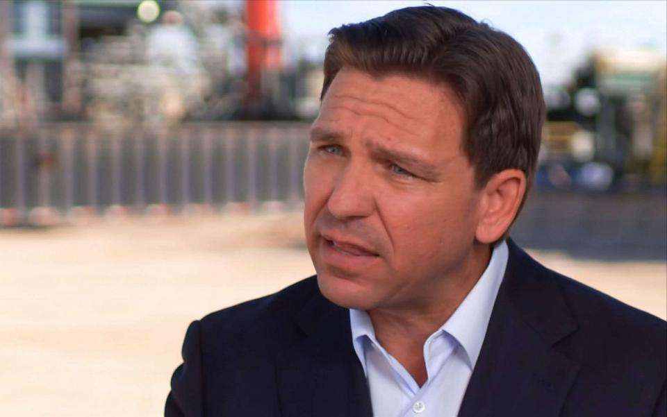 PHOTO: Florida Governor and Republican presidential candidate Ron DeSantis speaks with ABC News Live Prime anchor Lindsey Davis during an interview, Sept. 20, 2023 in Midland, Texas. (ABC News)