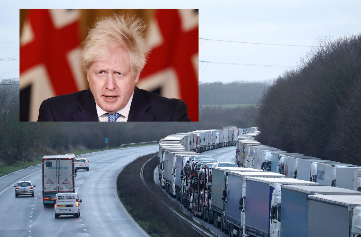 About 1,500 lorries were stuck on the M20 in Kent on Tuesday morning. Boris Johnson incorrectly said on Monday evening that the number had fallen to 170. (Andrew Matthews/PA)