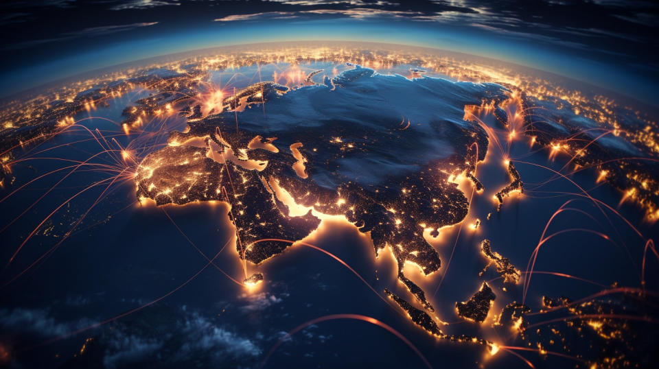 An aerial view of a subsea fiber optic cable network, connecting continents across the globe.