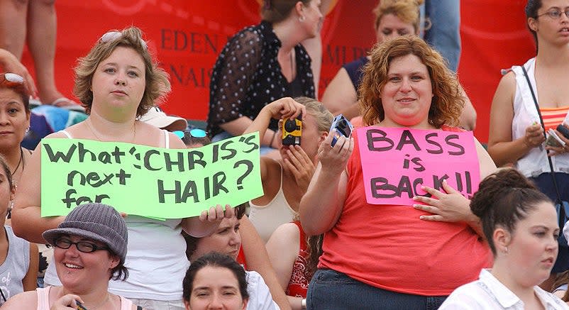 a nsync fan with a whats next for chris' hair sign