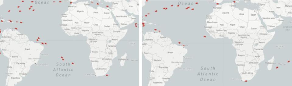 Ship-position data on Wednesday shows LPG tankers leaving the U.S. and heading toward Asia by bypassing Panama Canal (left) and LPG tankers on their ballast leg from Asia to the U.S. not using Panama Canal (right). (Maps: MarineTraffic)