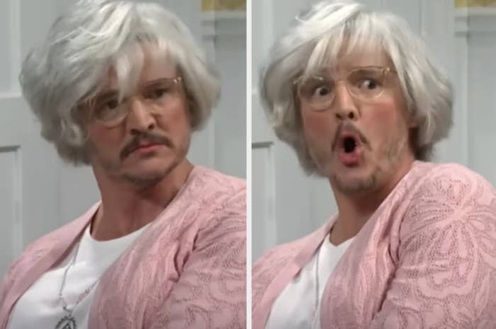 Pedro Pascal in dual portraits, wearing a white wig, glasses, a white shirt, and a pink cardigan, making different facial expressions