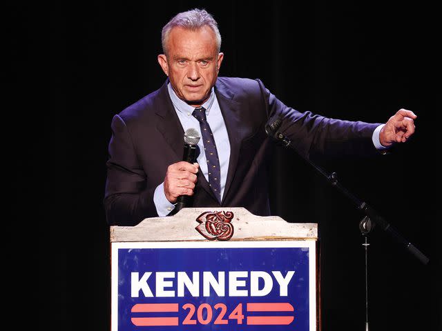 <p>Mario Tama/Getty</p> Robert F. Kennedy Jr. speaks at a Hispanic Heritage Month event at Wilshire Ebell Theatre on September 15, 2023 in Los Angeles, California.