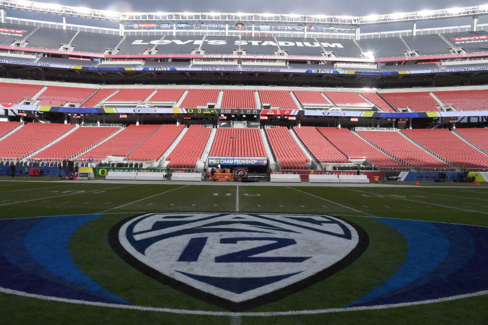 General overall view of Pac-12 logo at midfield prior to the Pac-12 Conference championship game between the Oregon Ducks and the Utah Utes in 2019. (Kirby Lee-USA TODAY Sports)