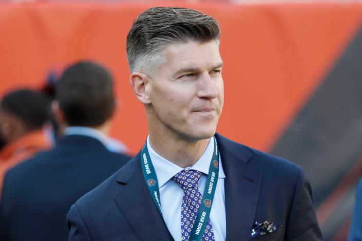 FILE - In this Sept. 5, 2019, file photo, Chicago Bears general manager Ryan Pace walks the field before the team&#39;s NFL football game against the Green Bay Packers in Chicago. Pace had few answers when it came to the two biggest questions facing the Bears in the offseason. He wouldn&#39;t rule out anything when it comes to a potential starting quarterback next year, not even a return for Mitchell Trubisky. And he said the Bears haven&#39;t decided whether to use the franchise tag on star receiver Allen Robinson. (AP Photo/Charles Rex Arbogast, File)