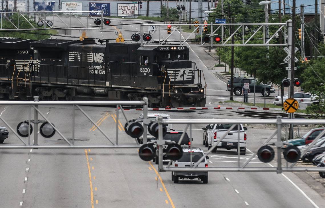 Cars wait at the rail road crossing on the intersection of Whaley and Assembly where Richland County has requested money to construct an overpass. Matt Walsh/online@thestate.com