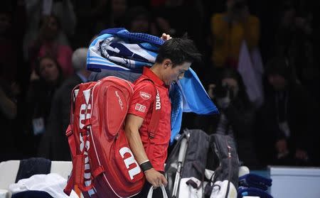 Britain Tennis - Barclays ATP World Tour Finals - O2 Arena, London - 19/11/16 Japan's Kei Nishikori looks dejected after his semi final match against Serbia's Novak Djokovic Reuters / Toby Melville Livepic