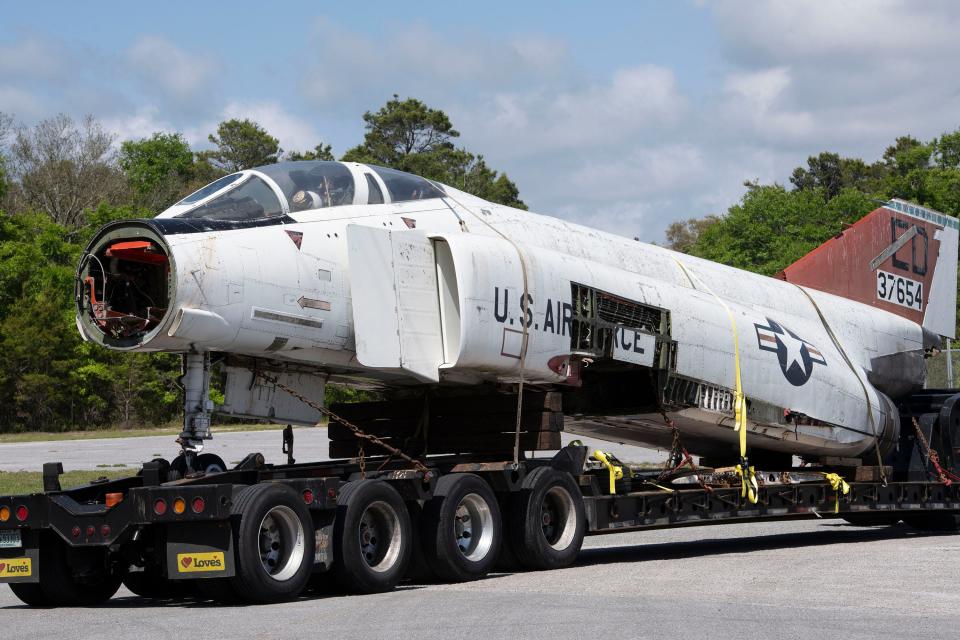 An F-4 Phantom II aircraft similar to the one flown by General Daniel "Chappie" James, Jr. arrives in Pensacola on Friday, April 22, 2022. The National Naval Aviation Museum will reassemble, repaint and prepare the Vietnam-era jet for placement at General Daniel "Chappie" James, Jr. Memorial Plaza.