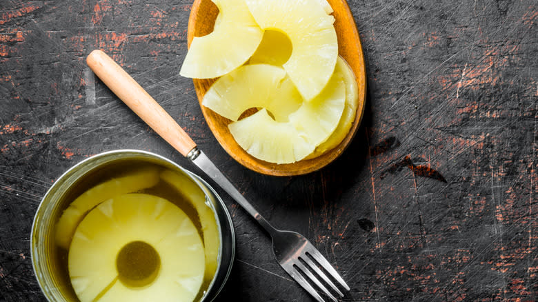 canned pineapple rings fork