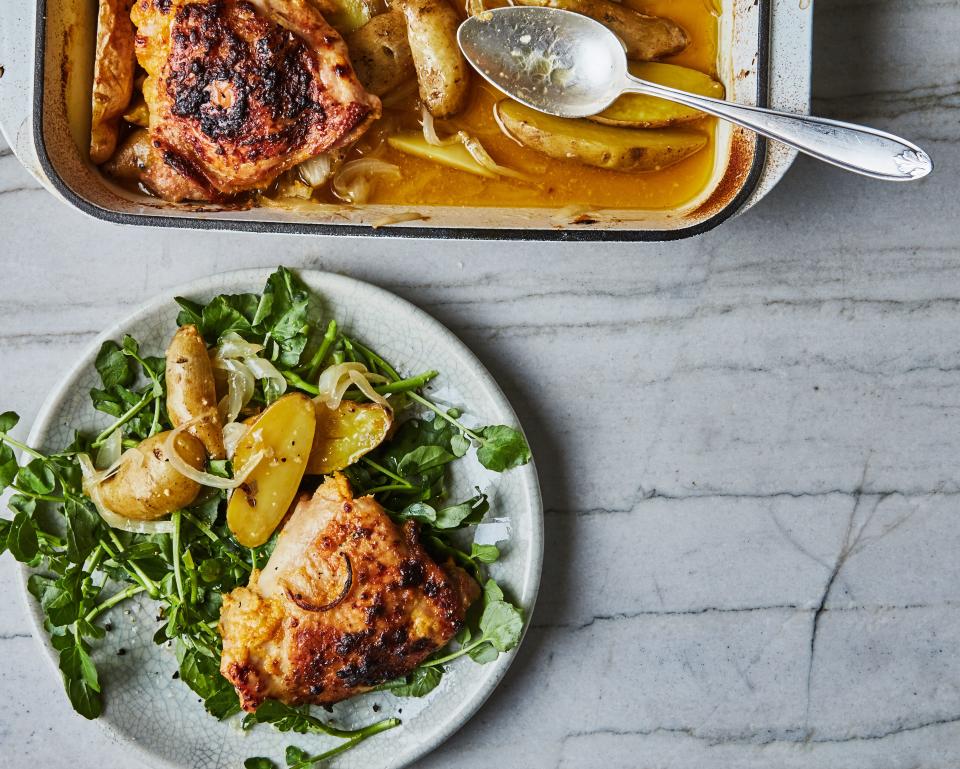 Lime Pickle Roasted Chicken with Potatoes and Watercress