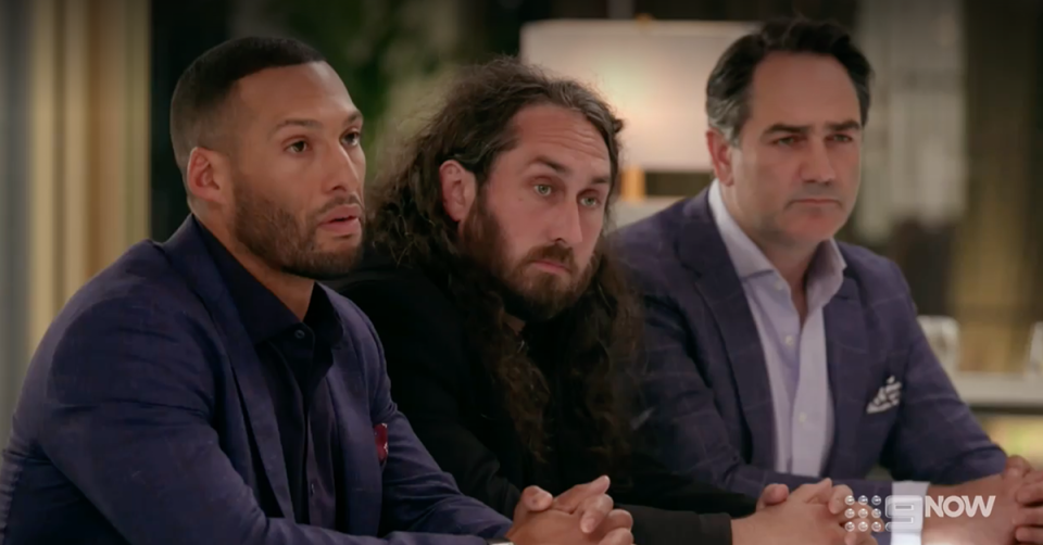 Josh Gibson, Ross Noble and Wippa in the Celebrity Apprentice boardroom.