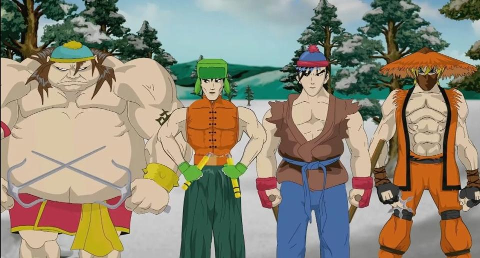 Cartman, Kyle, Stan, and Kenny drawn as anime ninjas in "South Park"