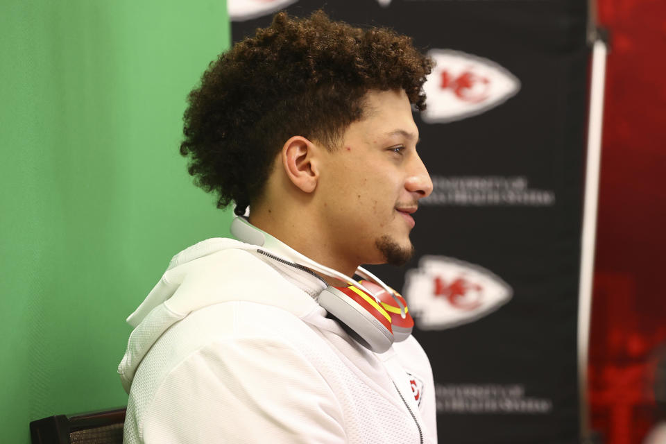 Kansas City Chiefs quarterback Patrick Mahomes (15) during Super Bowl media night, Monday, Feb. 1, 2021, in Tampa, Fla. The Chiefs will face the Tampa Bay Buccaneers in Super Bowl 55. (Steve Sanders/Kansas City Chiefs via AP)