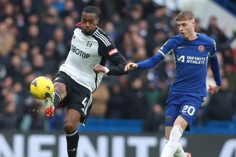 Fulham's Tosin Adarabioyo and Chelsea's Cole Palmer during the Premier League match between Chelsea FC and Fulham FC at Stamford Bridge on January 13, 2024 in London, England.