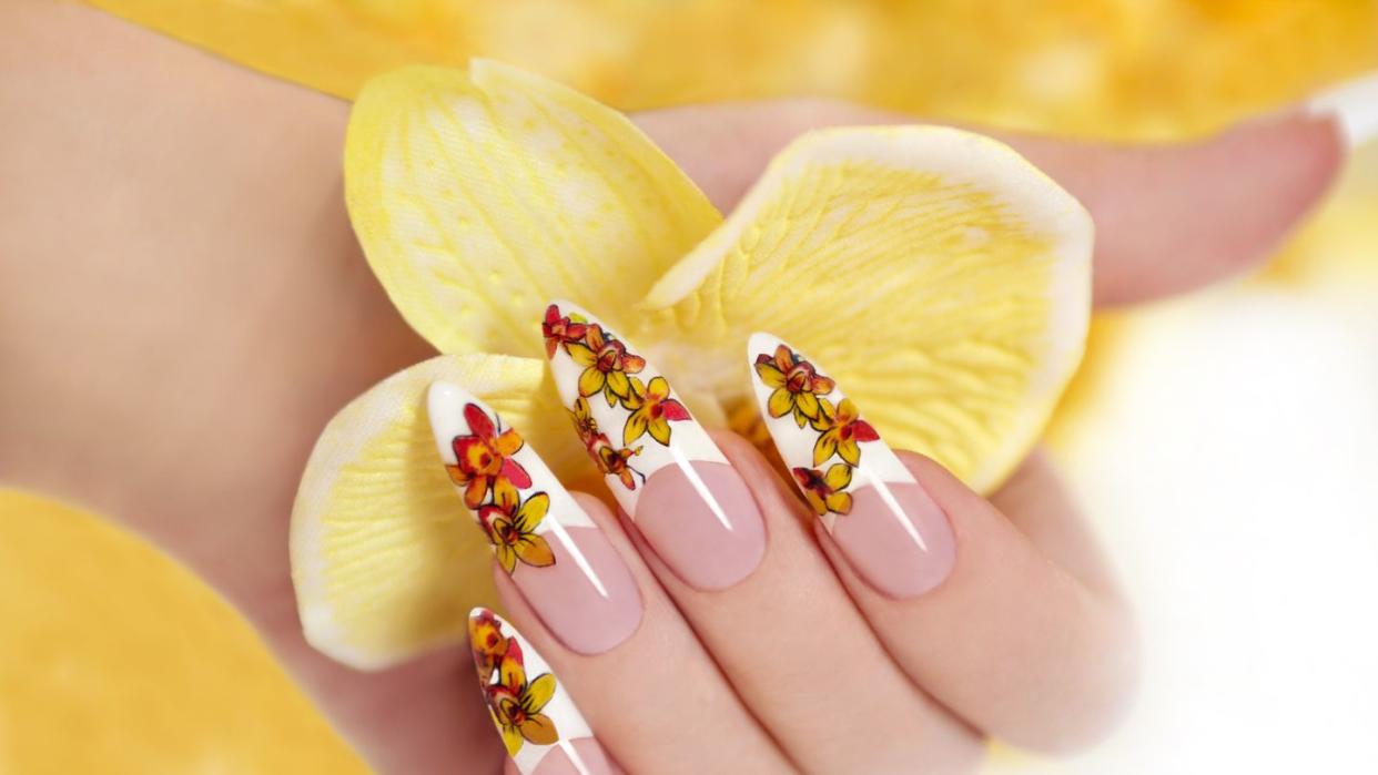 thanksgiving nails long french manicure with fall florals design