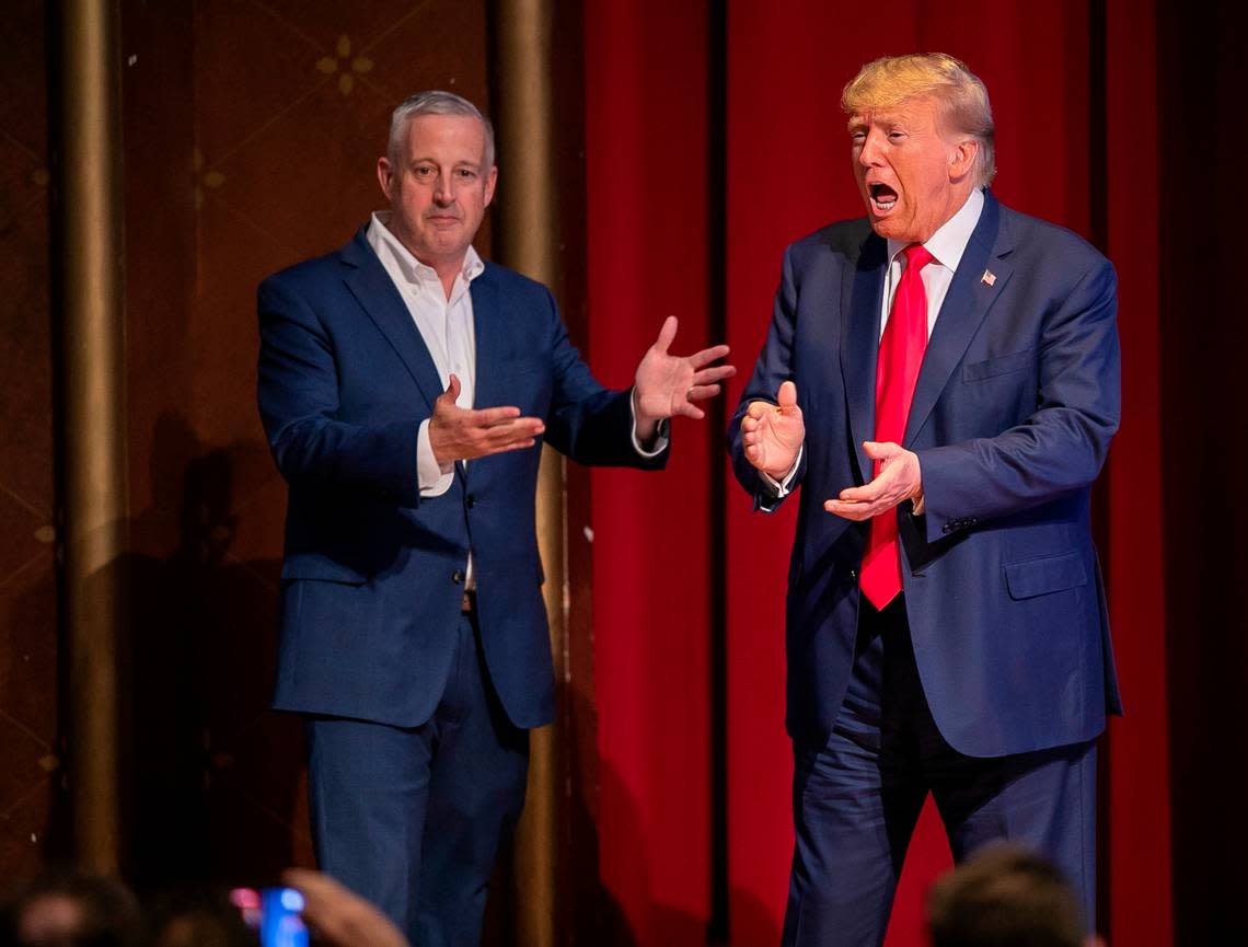 Republican Party Chairman Michael Whatley introduces former President Donald Trump as he arrives for his address to the North Carolina Republican Party Convention at the Koury Convention Center on Saturday, June 10, 2023 in Greensboro, N.C.