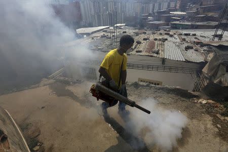 A municipal worker fumigates the Petare slum to help control the spread of the mosquito-borne Zika virus in Caracas, February 3, 2016. REUTERS/Marco Bello