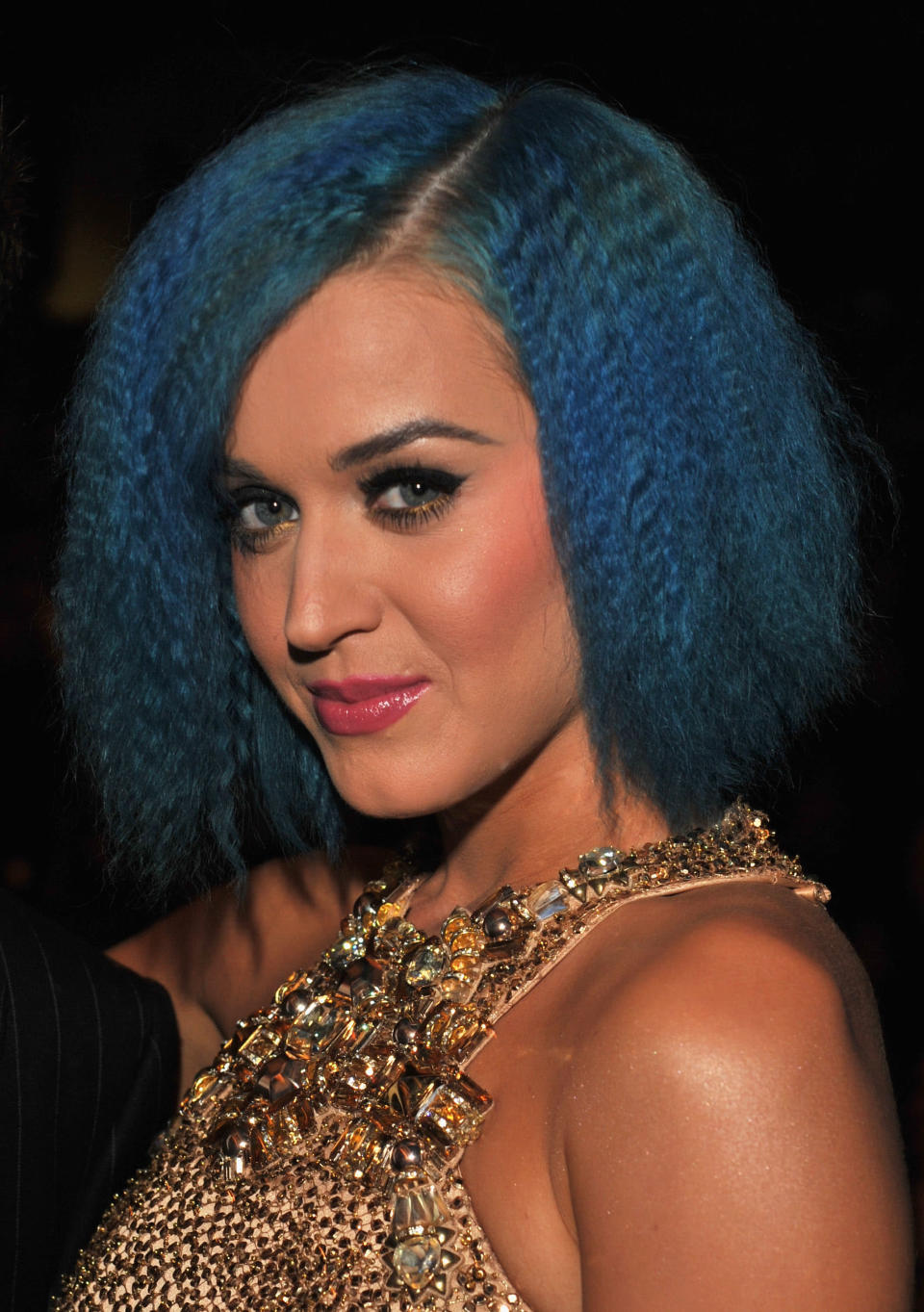 Katy Perry sported a funky hair style when she attended The 54th Annual GRAMMY Awards at Staples Center on February 12, 2012 in Los Angeles, California. (Photo by Lester Cohen/WireImage)