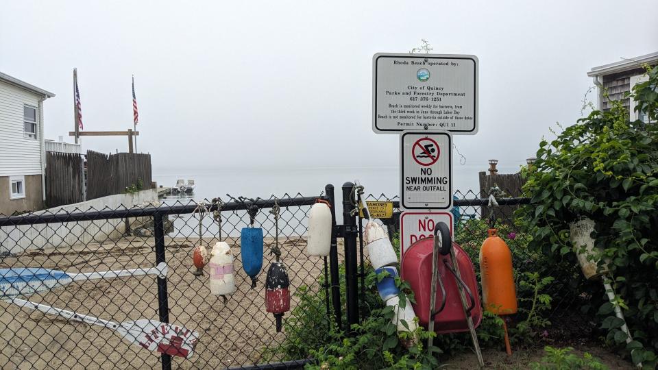 The Rhoda Beach gate in Quincy's Germantown on a foggy day.