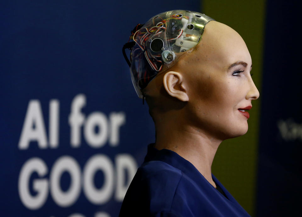 Sophia, a robot integrating the latest technologies and artificial intelligence developed by Hanson Robotics is pictured during a presentation at the 