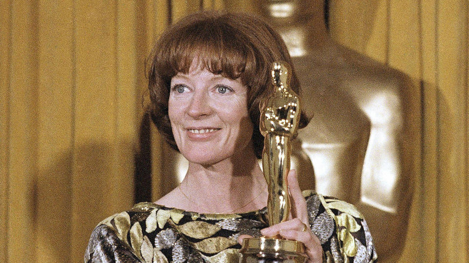 Maggie Smith has won two Oscars over the course of her career, she is pictured in 1979 after winning best supporting actress for California Suite. (AP Photo)