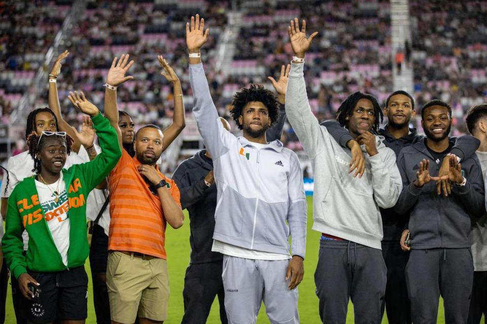 University of Miami Men’s basketball team waves to the crowd as they are honored at halftime during an MLS soccer game between Inter Miami CF and FC Dallas at DRV PNK Stadium in Fort Lauderdale, Florida, on Saturday, April 8, 2023.