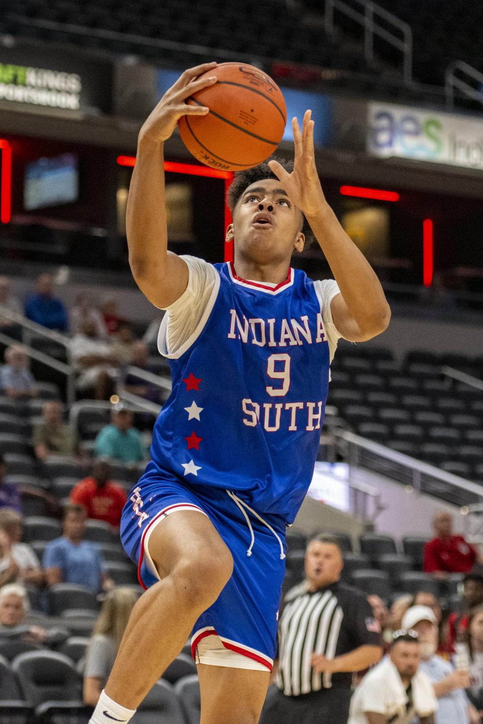 South Future All-Star Brennan Miller (9), a freshman from Lawrence North High School, shoots during the second half of an boysâ€™ Indiana High School Future All-Stars basketball game, Saturday, June 10, 2023, at Gainbridge Fieldhouse, in Indianapolis.