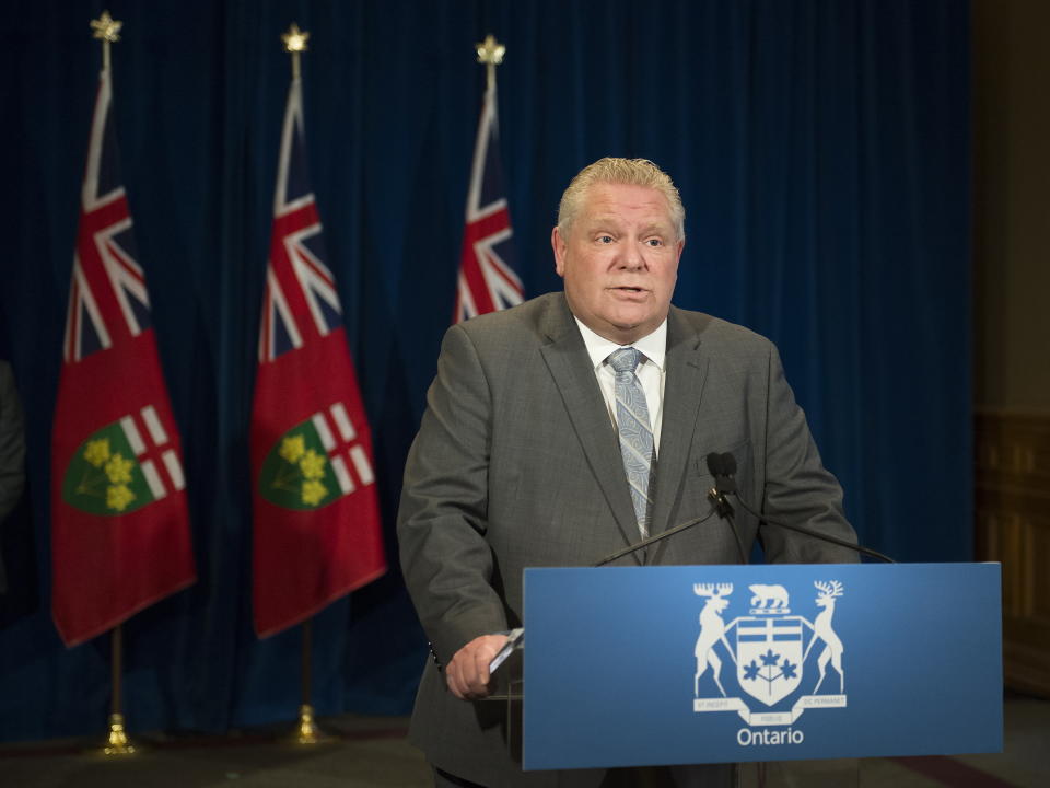 Ontario Premier Doug Ford speaks to the people of Ontario during his daily updates regarding COVID-19 at Queen's Park in Toronto on Friday, April 10, 2020. Health officials and the government have asked that people stay inside to help curb the spread of COVID-19.  (Nathan Denette/The Canadian Press via AP)