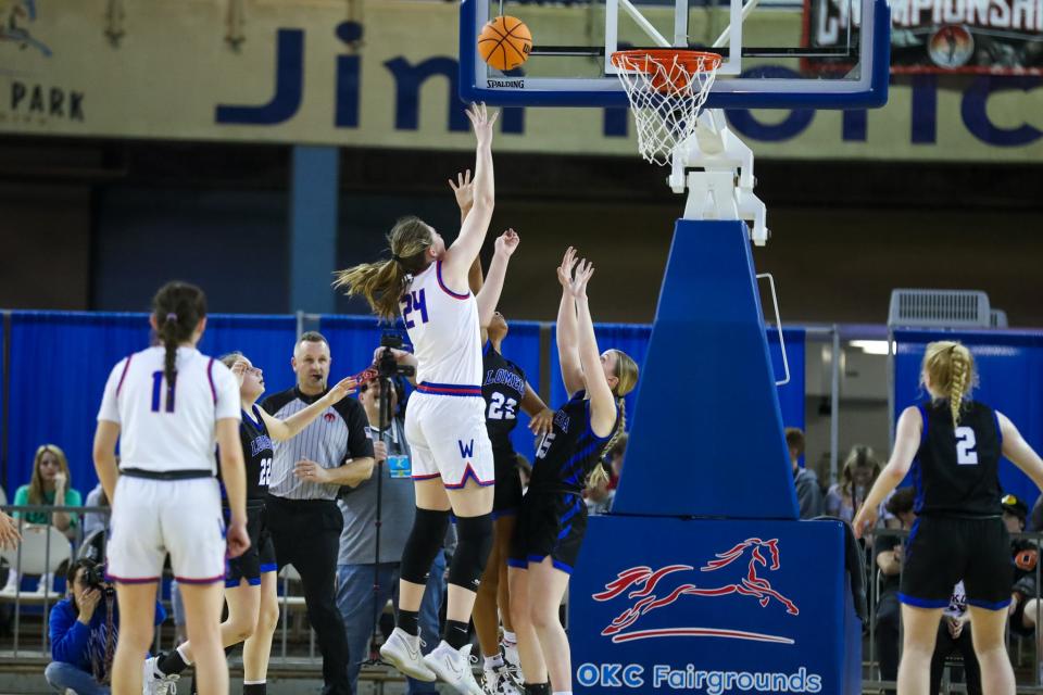 Hammon’s Henley West shoots for two during the Class B girls championship game between the Hammon Lady Warriors and the Lomega Lady Raiders at the Jim Norick Arena in Oklahoma City on Saturday, March 4, 2023. 