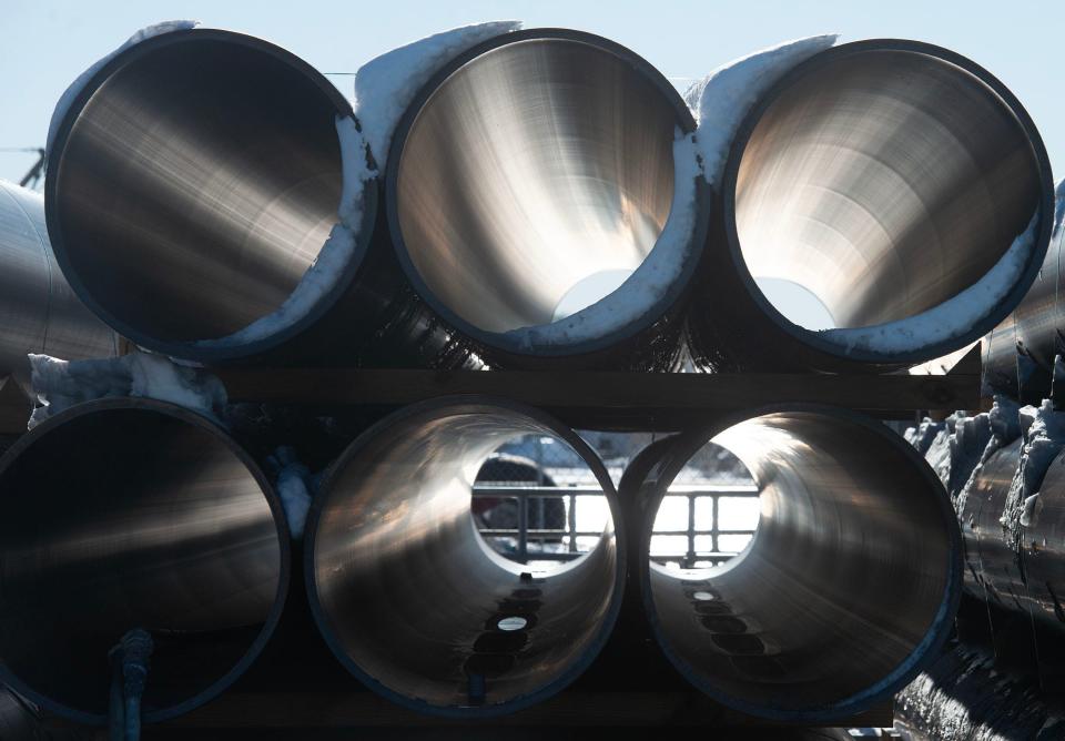 Piling covers fill the pier awaiting installation at Massachusetts Maritime Academy on Thursday. The pier is getting a $15-million renovation to accommodate the new TS Patriot State II that is scheduled to arrive in early summer of this year.