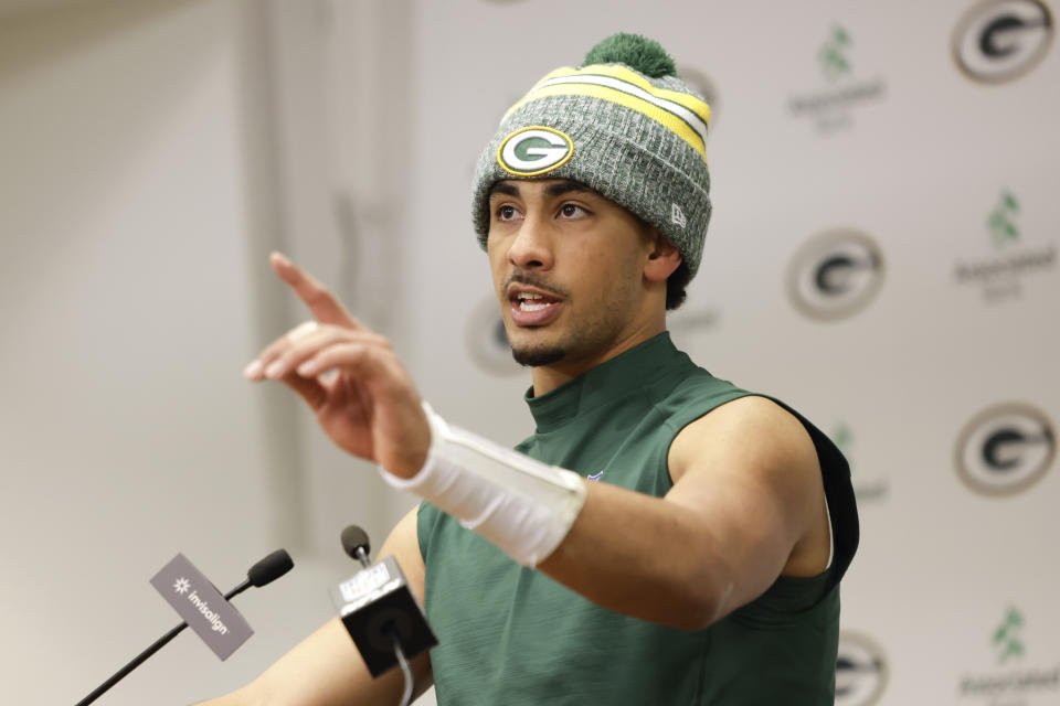 Green Bay Packers quarterback Jordan Love talks after an NFL football game against the Kansas City Chiefs, Monday, Dec. 4, 2023 in Green Bay, Wis. (AP Photo/Mike Roemer)