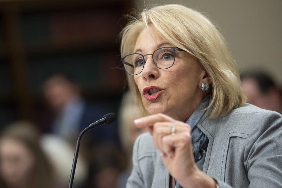 UNITED STATES - FEBRUARY 27: Education Secretary Betsy DeVos testifies before the House Appropriations Committee Labor, Health and Human Services, Education and Related Agencies Subcommittee in Washington on Thursday, Feb. 27, 2020. (Photo by Caroline Brehman/CQ-Roll Call, Inc via Getty Images)