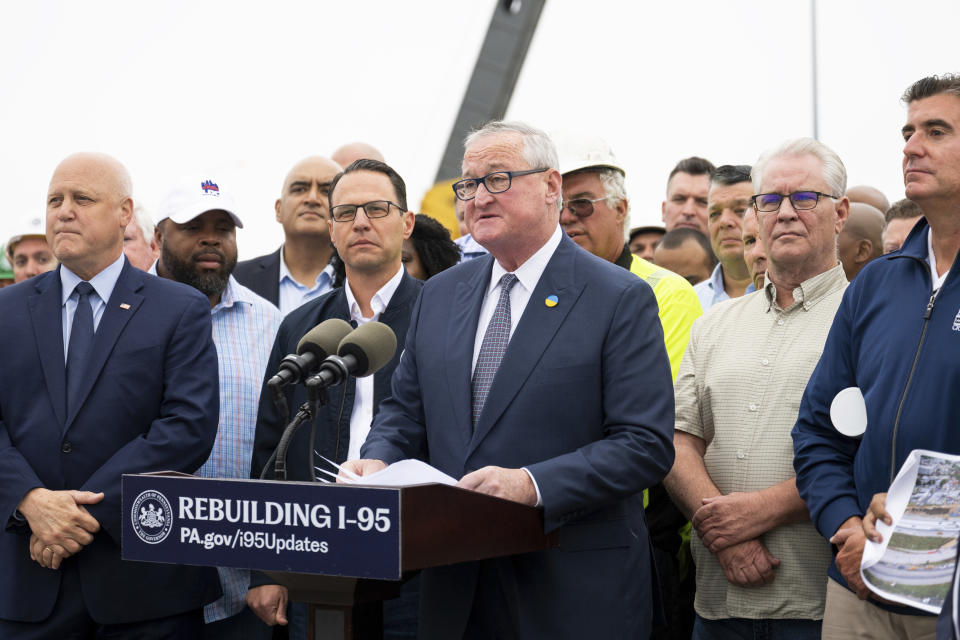 Philadelphia Mayor Jim Kenney speaks during a news conference to announce the reopening of Interstate 95 Friday, June 23, 2023 in Philadelphia. Workers put the finishing touches on an interim six-lane roadway that will serve motorists during construction of a permanent bridge.(AP Photo/Joe Lamberti)