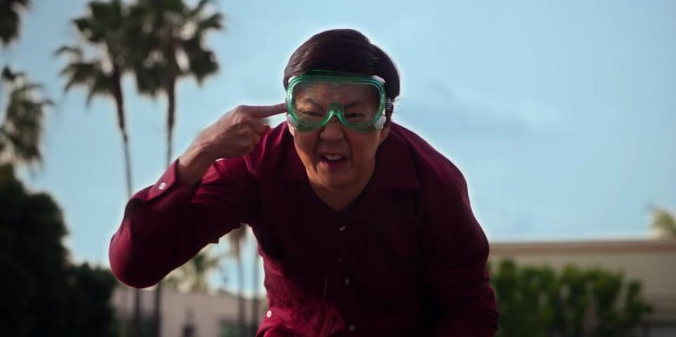 Chang pointing to the safety goggles on his head in "Community"