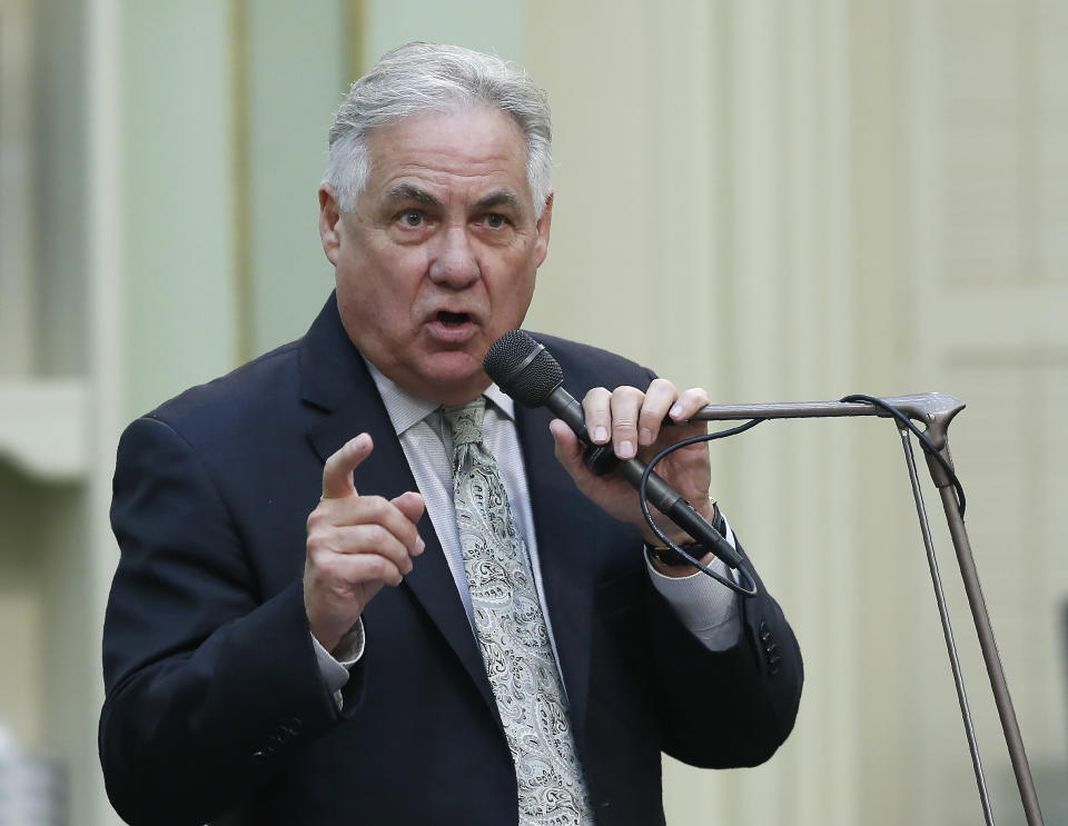 Assemblywoman Jim Patterson, R-Fresno, urges lawmakers to reject a measure to give new wage and benefit protections at the so-called gig economy companies like Uber and Lyft, during the Assembly session in Sacramento, Calif., Wednesday, Sept. 11, 2019. The bill AB5, by Assemblywoman Lorenza Gonzalez, D-San Diego, was approved and now goes to the governor, who has said he supports it. (AP Photo/Rich Pedroncelli)