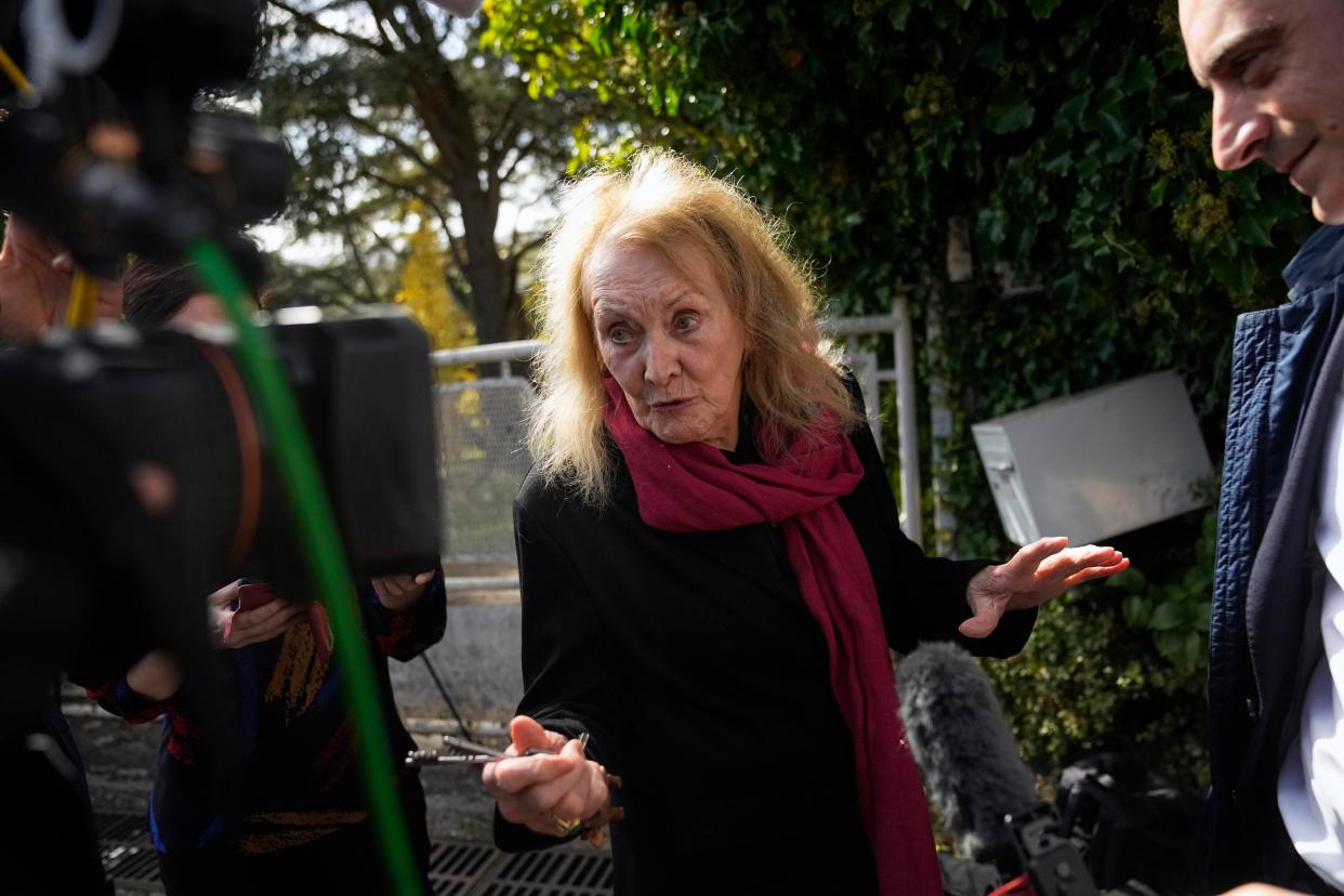 French author Annie Ernaux adresses to media outside her home in Cergy-Pontoise, outside Paris, Thursday, Oct. 6, 2022. 2022's Nobel Prize in literature has been awarded to French author Annie Ernaux. 