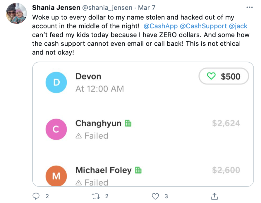 March 7, 2020 Tweet posted by Cash App user Shania Jensen