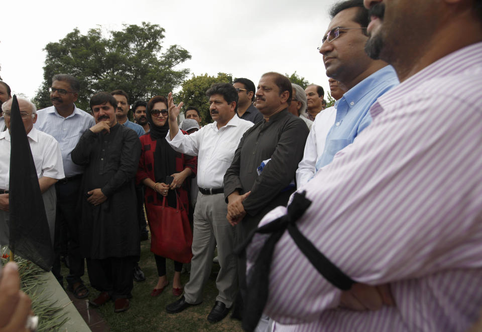 Pakistani journalists take part in a demonstration to denounce rampant censorship, in Islamabad, Pakistan, Tuesday, July 16, 2019. Pakistani journalists are holding nationwide protests to denounce rampant censorship by the country's powerful security services, massive layoffs due to budget cuts and months-long delays in payments of their wages. (AP Photo/Anjum Naveed)