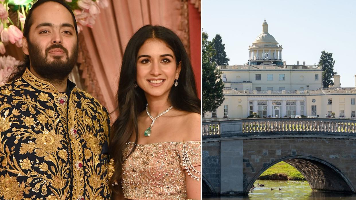 Anant Ambani and Radhika Merchant next to Stoke Park