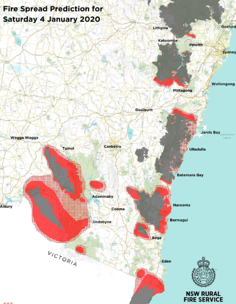 A map of bushfires in NSW and Victoria as RFS says two fires could merge.