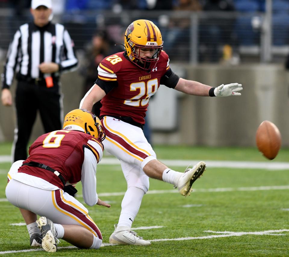 Hunter Schaefer kicked five PATs and one field goal for the New Bremen Cardinals in their win over Warren JFK in the OHSAA Division VII state final at Tom Benson Hall of Fame Stadium. Saturday, Dec. 3, 2022.