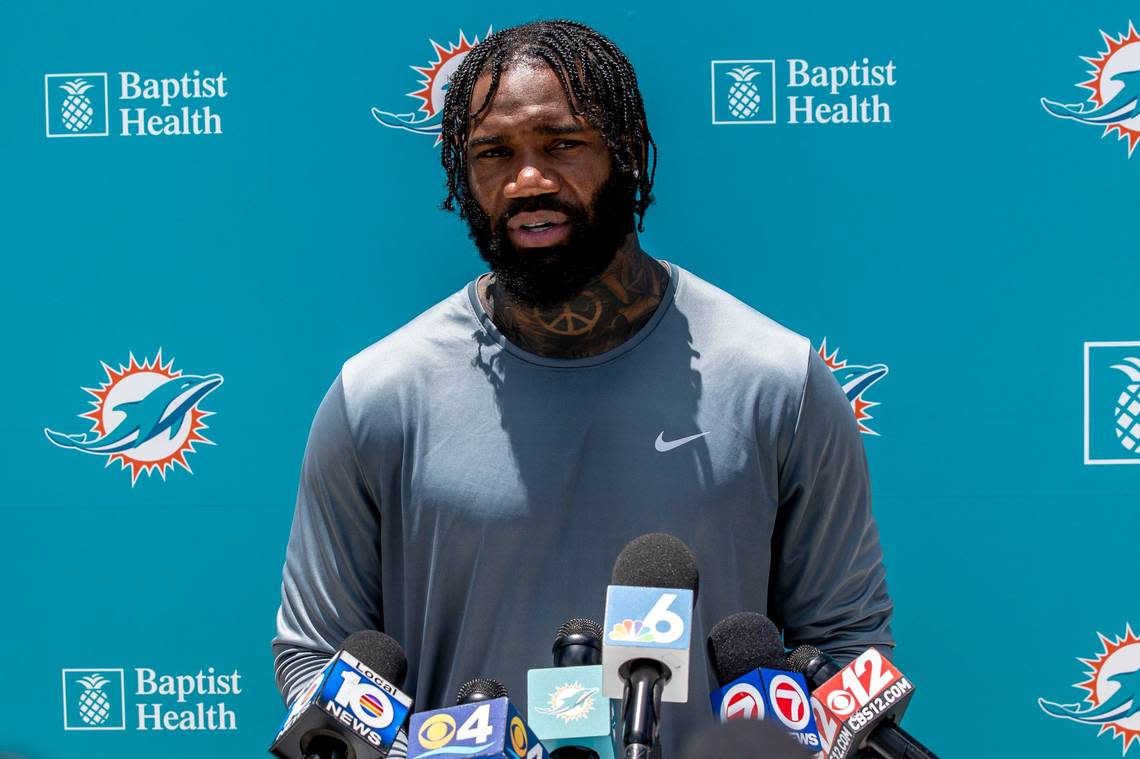 Miami Dolphins cornerback Xavien Howard speaks to the media after the first mandatory practice of the season at Baptist Health Training Complex in Miami Gardens, Florida, on Wednesday, June 1, 2022.